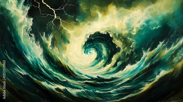 Fototapeta Stormy ocean wave swirling, lightning, dark clouds; Abstract art