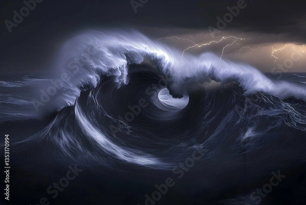Fototapeta Ocean wave, lightning storm, night, power of nature, dramatic seascape