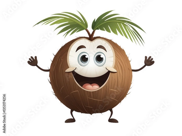 Obraz Kawaii coconut character – happy with palm leaf hair and open arms. 