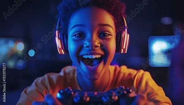 Fototapeta An excited child is playing video games with headphones on