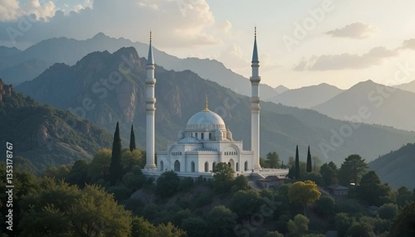 Fototapeta A white mosque with two minarets and a mountain in