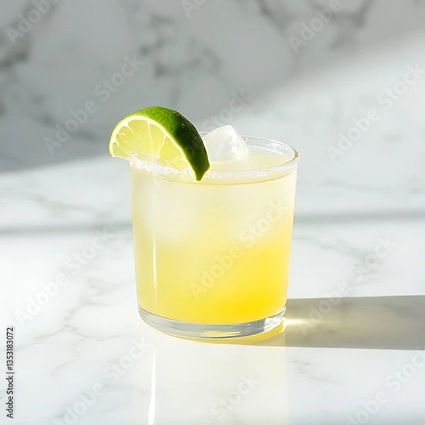 Fototapeta minimalist composition of a Daiquiri cocktail in a unique glass with ice and a lime wedge garnish, beautifully arranged on a marble surface 