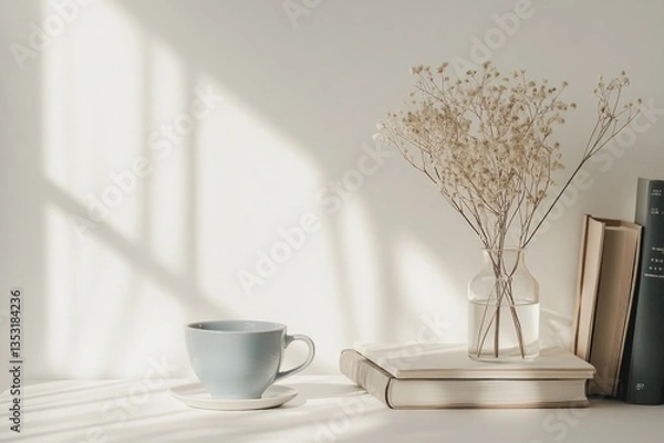 Fototapeta A serene still life image shows coffee books and flowers