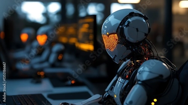 Fototapeta Futuristic Robots Working Late at Tech Office.