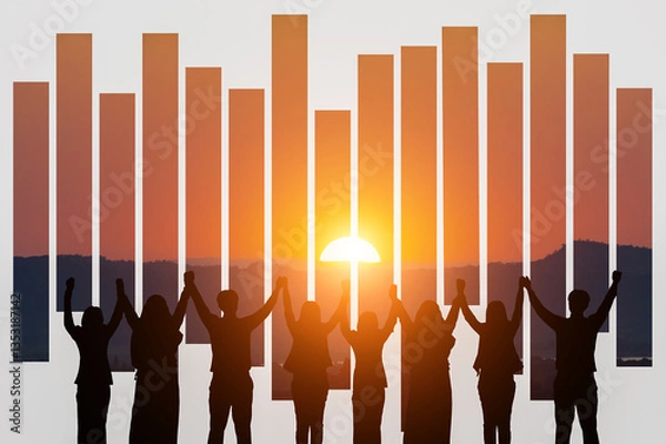 Obraz Silhouette of happy business teamwork making high hand over head standing back side on sunrise background, friendship,victory,cooperation,achievement,copy space.