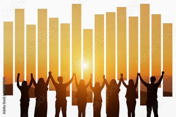 Obraz Silhouette of happy business teamwork making high hand over head standing back side on sunrise background, friendship,victory,cooperation,achievement,copy space.