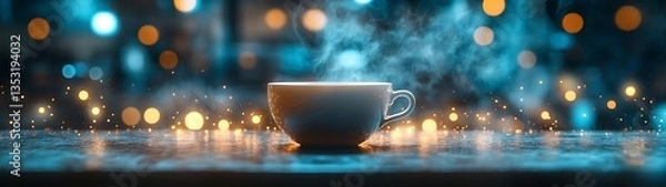Fototapeta A steaming cup of coffee sits atop a dark reflective surface