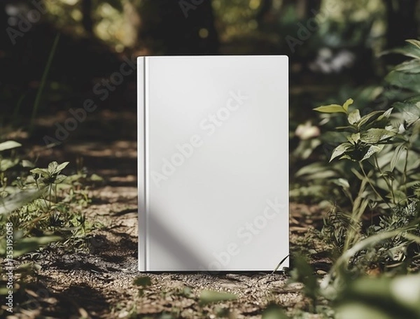 Fototapeta Blank White Book Mockup in Serene Forest Setting, Mockup Isolated. Ideal for NatureThemed Designs or Literary Projects