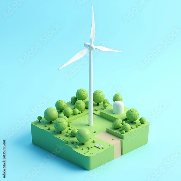 Fototapeta A vibrant green landscape featuring a wind turbine surrounded by stylized trees and a pathway, symbolizing renewable energy and environmental sustainability.