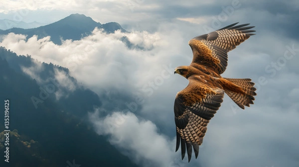 Fototapeta Majestic Free Falcon Soaring with Its Wings Fully Extended Above the Clouds and Rugged Mountain Peaks, Captured from an Aerial Perspective