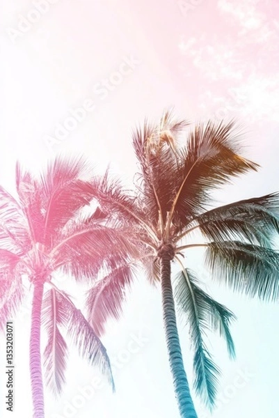 Fototapeta Two colorful palm trees are seen under a clear sky