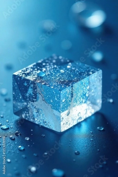 Obraz Ice crystal lattice structure on a blue surface, glacial ice, icy landscape, frosty atmosphere