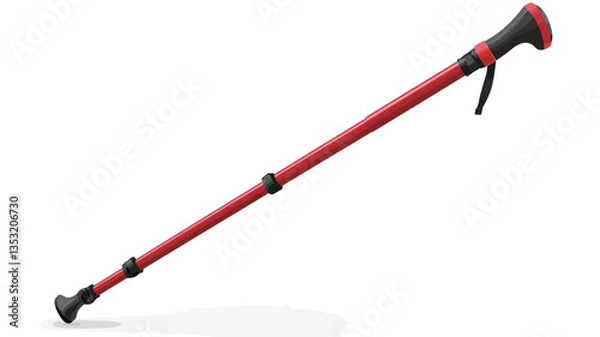 Obraz A studio shot of a red adjustable walking cane angled against a white background.  The cane is primarily red with black accents on the handle and base.  It appears to be made of a lightweight