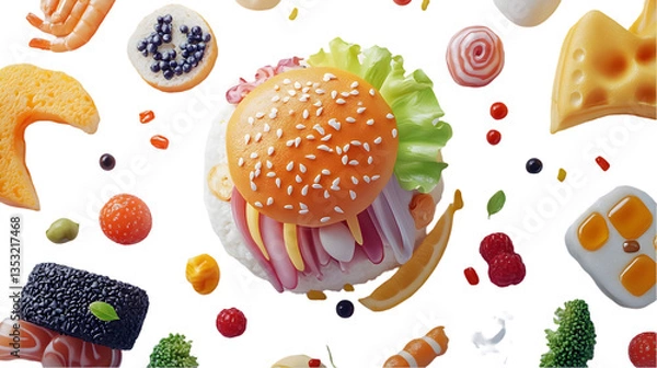 Fototapeta Colorful Artistic Food Collage Featuring Sushi and Burger