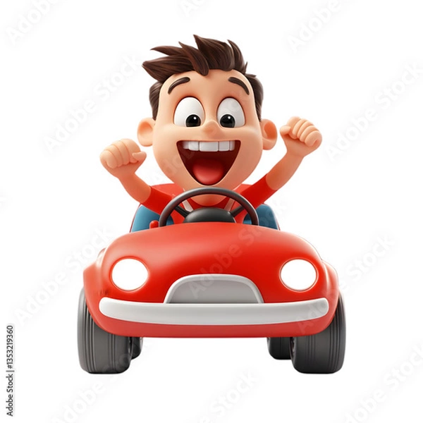Obraz Animated Boy Driving A Red Cartoon Car