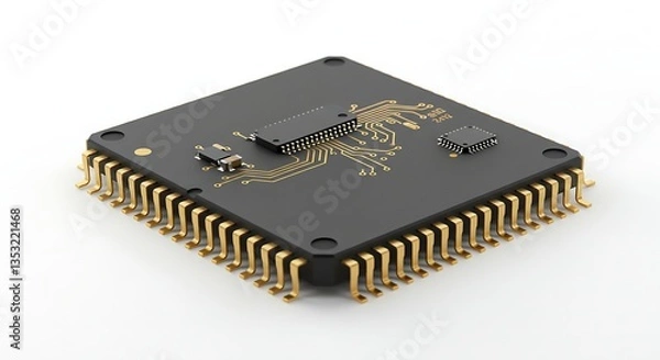 Fototapeta Rendering of Modern Microchip with Gold Pins on Clean White Background