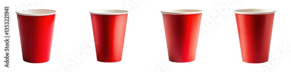 Fototapeta Four tall red cups stand vertically with visible white rims ready for use
