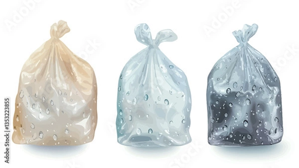 Obraz Close-up studio shot of three plastic bags against a pure white background.  Each bag is tied at the top with a knot. The bags are filled with an unseen substance; one appears beige and