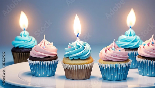 Fototapeta "Add a sweet touch to your celebration designs with these charming cupcakes topped with colorful frosting, perfect for birthdays, baby showers, or party invitations.