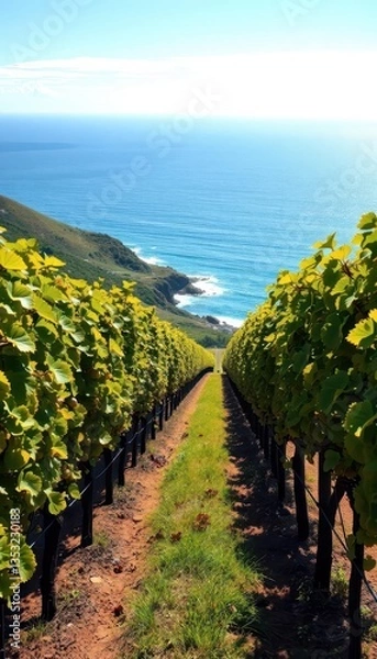 Fototapeta Coastal vineyard with grapevines, sun-drenched rows overlooking ocean, waves, farming, summer