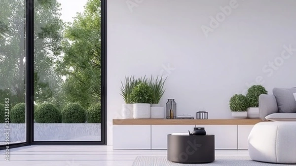 Fototapeta Modern Minimalist Living Room with Large Windows and Greenery