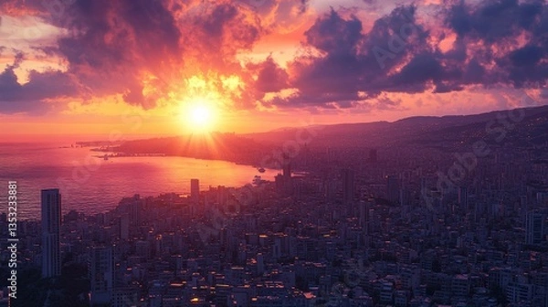 Obraz Beautiful sunset over a coastal city skyline during twilight hours