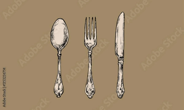 Obraz アンティークなセピアカラーの手描きカトラリー（スプーン、フォーク、ナイフ）