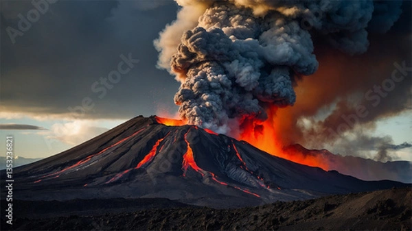 Obraz Majestic Eruption of a Volcano With Red Lava and Dark Smoke Plume