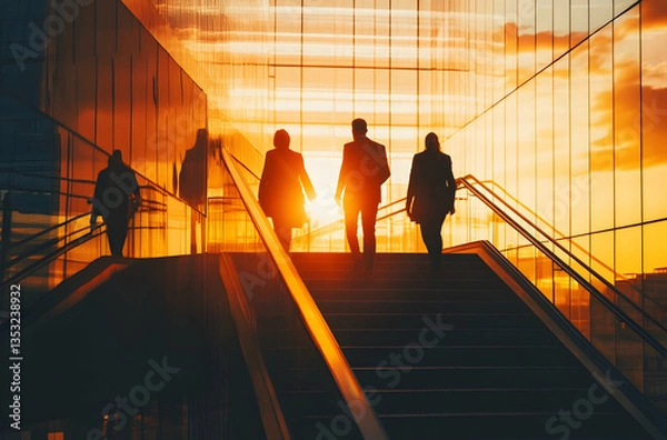 Obraz Business People Walking Up Stairs At Sunset In Modern Building