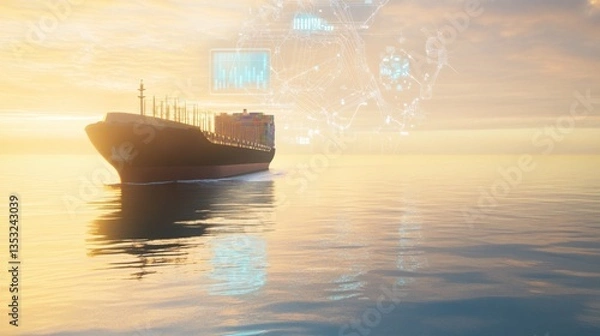 Fototapeta Modern cargo ship sailing with digital twin technology at sunrise ocean