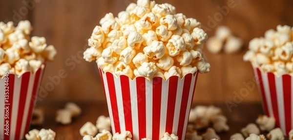 Fototapeta Red and white striped cardboard box overflowing with fluffy popcorn, caramel, food, red box