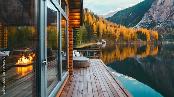 Fototapeta A luxurious lo  cabin with large glass windows