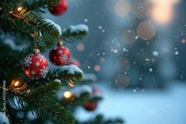 Fototapeta Fir Branches Adorned with Snowflakes and Twinkling Lights, Sparkling Snowflakes, Sparkly Snow, Holiday Decoration