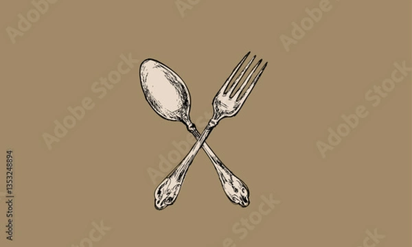 Obraz アンティークなセピアカラーの手描きカトラリー（クロスしたフォークとスプーン）