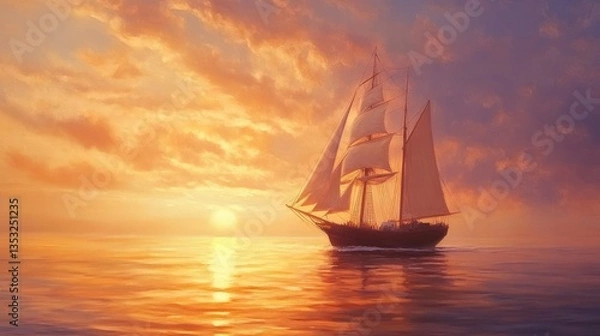Fototapeta A beautiful sailing ship is traversing ocean waters at golden hour
