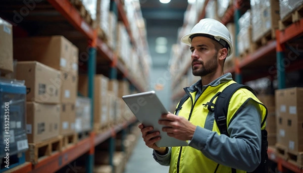 Obraz worker in warehouse with tablet