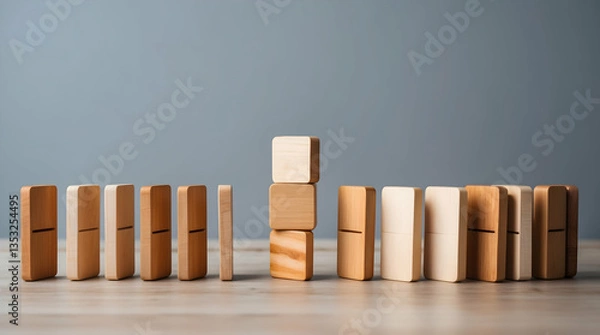 Fototapeta Stacked Wooden Blocks Stand Out Against a Row of Dominoes