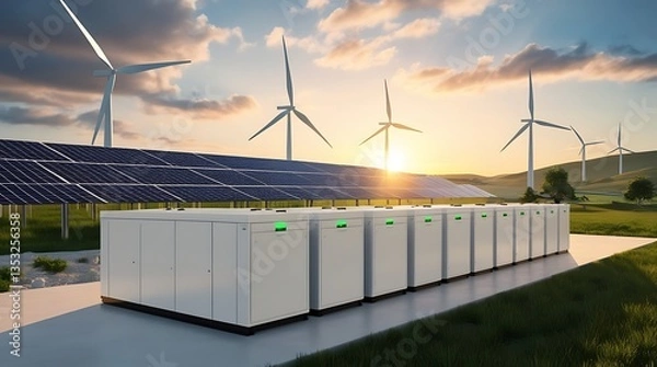 Fototapeta Renewable energy system with solar panels, wind turbines, and battery storage in a scenic landscape. Sustainable power generation with modern clean energy technology for a greener future

