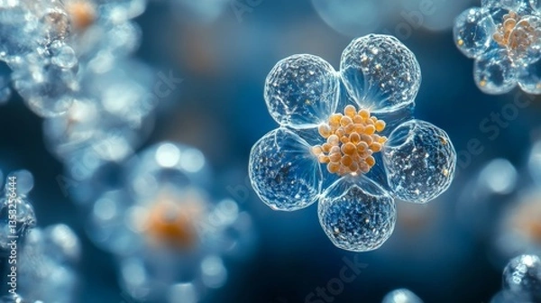 Fototapeta A microscopic view of plankton floating in the ocean, detailed textures and transparency, deep blue background