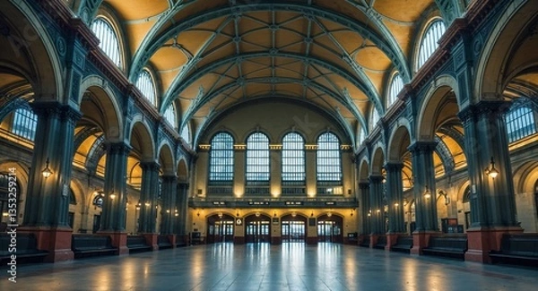 Obraz Grand Victorian train station with arched ceiling and iron columns