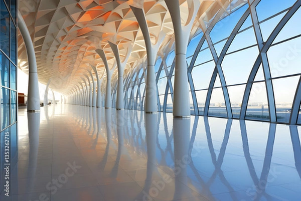Fototapeta Modern Architecture Interior Hallway With Sunlight And Reflections And Geometric Patterns and Columns and Large Windows and Daylight Reflections And Bright Interior And Open Space