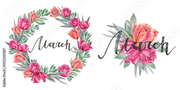 Fototapeta Watercolor set with circle frame with red orange tulip and green leaves isolated on white background. Calendar with lettering March. Clipart with flower for spring celebration. Wrapping or wallpaper