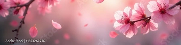 Fototapeta Soft pink sakura petals gently falling on a blurred background of spring foliage, blossom, delicate petals