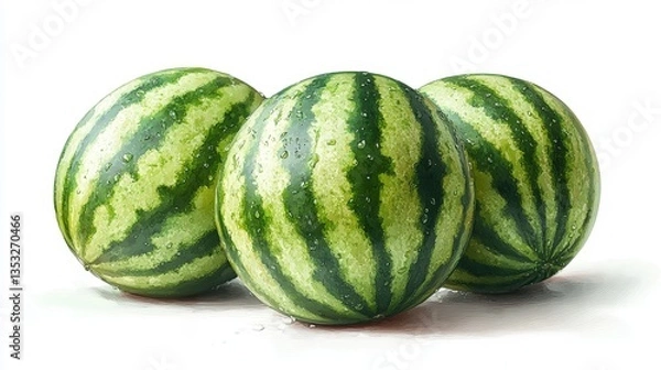 Obraz Whole watermelon with green stripes, white background, 