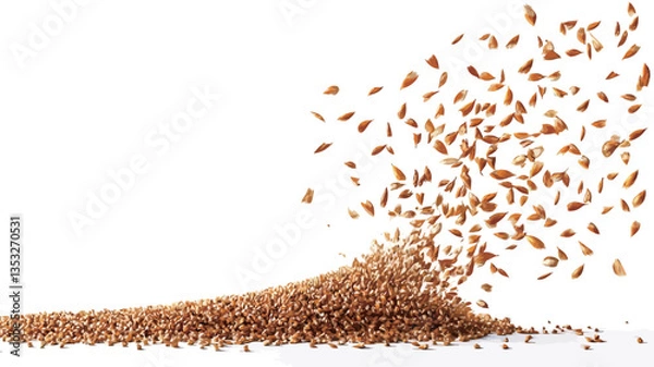 Obraz The image shows a stream of wheat grains in motion against a white background.  A large pile of grains is at the bottom, with smaller grains scattered and flowing upwards and to the right, creating