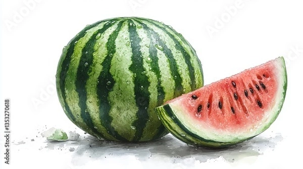 Obraz Whole watermelon with green stripes, white background, 