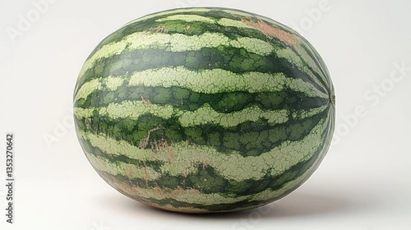 Obraz Whole watermelon with green stripes, white background, 