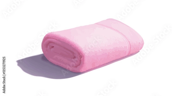 Obraz Close-up studio shot of a light pink fleece blanket rolled neatly. The blanket appears soft and plush with a subtle texture visible. The background is pure white, with a soft shadow cast beneath the