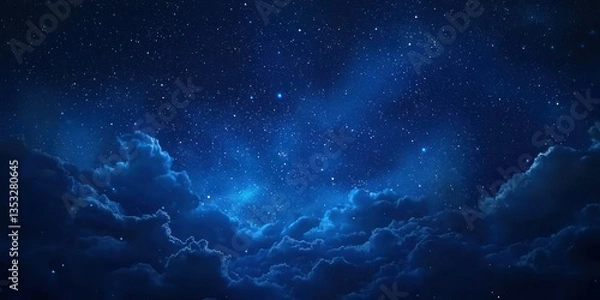 Fototapeta A deep midnight blue sky with scattered glowing stars and soft clouds