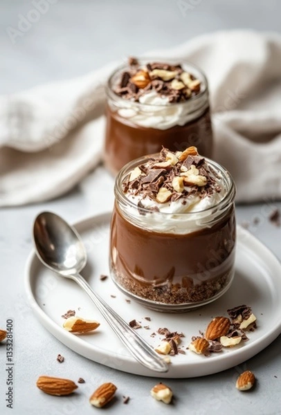 Fototapeta Delicious Chocolate Dessert in Glass Jar with Whipped Cream and Nuts Topped with Chocolate Shavings and Almonds on a Plate with Spoon